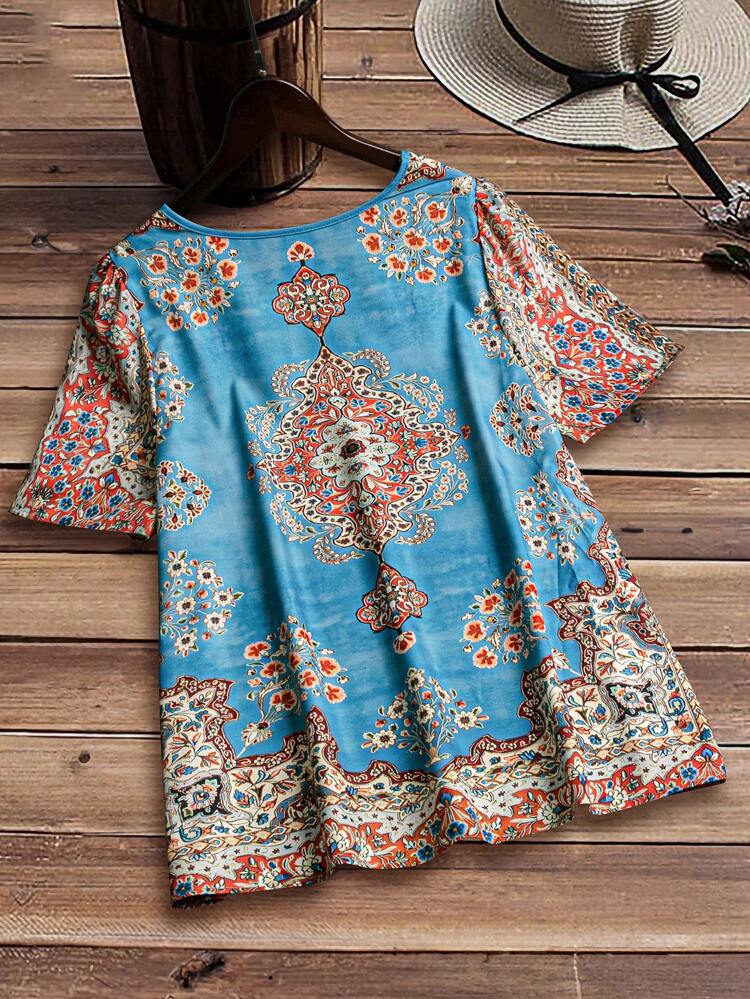 Vintage Vacation Casual Short Sleeve Printed Shirt Plus Size