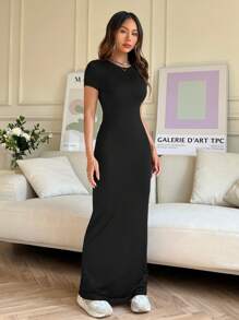SHEIN EZwear Women Round Neck Slim Fit Short Sleeve Dress For Daily Wear In Spring And Summer,Summer Dresses For Women
