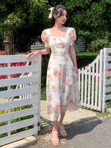 DAZY Floral Print Short Sleeve Square Neck Summer Dress - Watermelon Pink - View 6