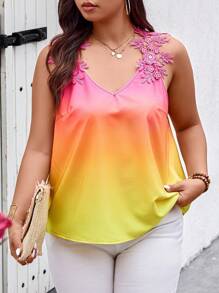 SHEIN Clasi Plus Size Women Summer Ombre Colored Loose Fit Tank Top With Floral Applique Decoration - Yellow - View 5