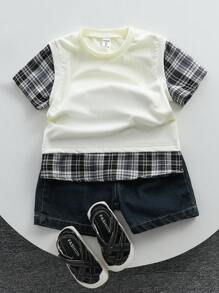 SHEIN 2入組男孩休閒格紋拼接短袖2合1上衣和牛仔短褲套裝，適用於夏季 - 米色 - 查看 1