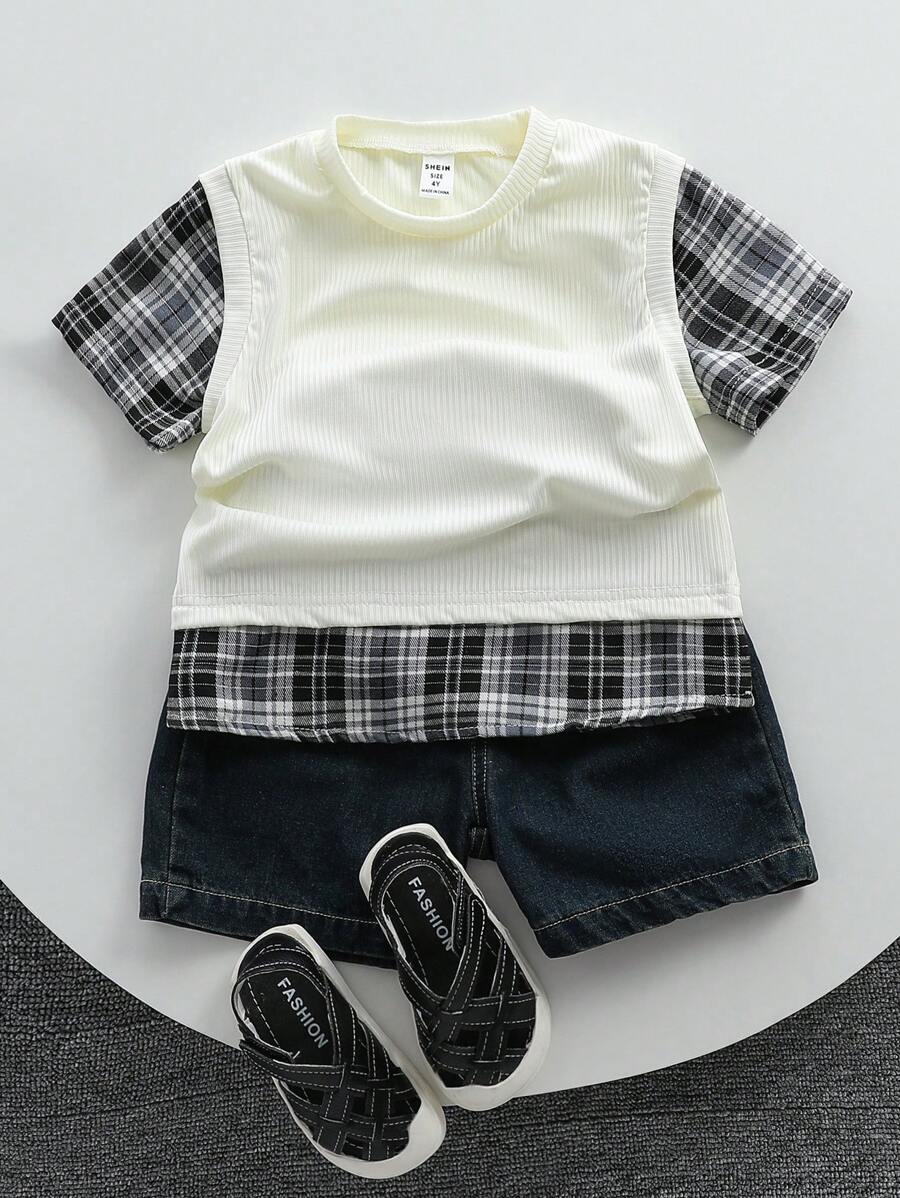 SHEIN 2入組男孩休閒格紋拼接短袖2合1上衣和牛仔短褲套裝，適用於夏季 - 米色 - 查看 1