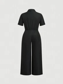SHEIN MOD 黑色襯衫式領短袖連身褲，前中開拉鍊設計 - 黑色 - 查看 2