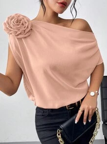 SHEIN Clasi 女士时尚纯色花朵装饰不对称领口衬衫单肩上衣 - 藕粉色 - 查看 3