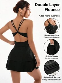 SHEIN Sports Rochie atletică, salopetă sport, cu bretele încrucișate, culoare uni, pentru femei