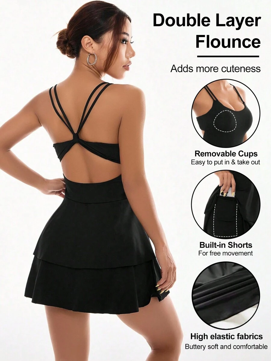 SHEIN Sports Rochie atletică, salopetă sport, cu bretele încrucișate, culoare uni, pentru femei