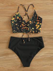 SHEIN Swim 假日海灘/游泳池小花印花Cami背心上衣和純色捲邊三角底部兩件式比基尼套裝，夏季海灘 - 彩色 - 查看 2