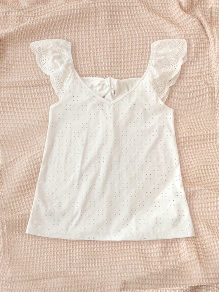 Wywh Holiday Plain Hollow Out Embroidery Patchwork Ruffle Back Bow Knot T-Shirt