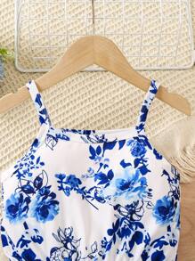 SHEIN Young Girl Floral Printed Cinching Waist Romper For Vacation And Leisure