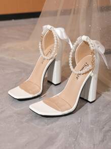 Timesize Sandalias transparentes con tirantes invisibles para mujeres, sandalias blancas > Sandalias con tacón grueso para mujer, zapatos para trabajo, zapatos formales, zapatos de boda, zapatos de vestir para mujer, zapatos de oficina, zapatos de verano, sandalias de tacón alto, nuevos modelos para el Día de San Valentín - Blanco - Ver 6