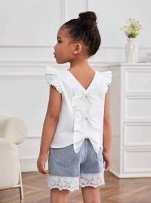 SHEIN Young Girls' White Top And Blue Denim Shorts 2-Piece Set - Blue and White - View 4