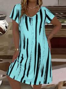 EMERY ROSE 女士大尺碼休閒條紋色塊短袖裙，適用於春夏季 - 水鴨藍 - 查看 4