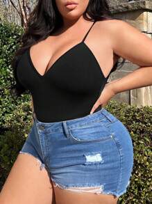 SHEIN LUNE 大尺碼夏季時尚純色修身Cami連體衣 - 黑色 - 查看 4