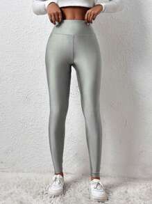 SHEIN EZwear Mallas largas de talle alto, estilo casual y brillante en color plata para tallas grandes