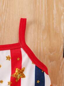 嬰幼女孩日時尚星條紋印花連體褲套裝，帶荷葉邊和髮箍，適用於夏季 - 紅白色 - 查看 4