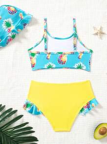 Young Girl Pineapple Print Ruffle Trim Spaghetti Strap Bikini Set With Triangle Bottom For Vacation - Multicolor - View 2