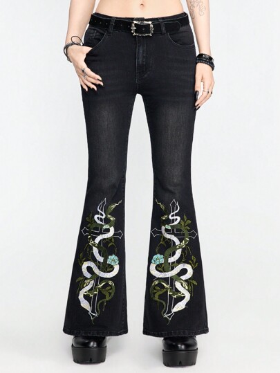 Goth Jeans évasés pour femme avec broderie en serpent sombre et croix gothique pour l'été