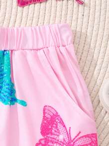 Teen Girl Fashionable Butterfly Printed Short Sleeve Top And Shorts Set - Pink - View 8