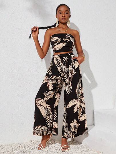 SHEIN Teen Girl Summer Vacation, Tropical Printed Strapless Top With Knot, Wide Leg Pants With Double Folds And Side Pockets, 2pcs/Set