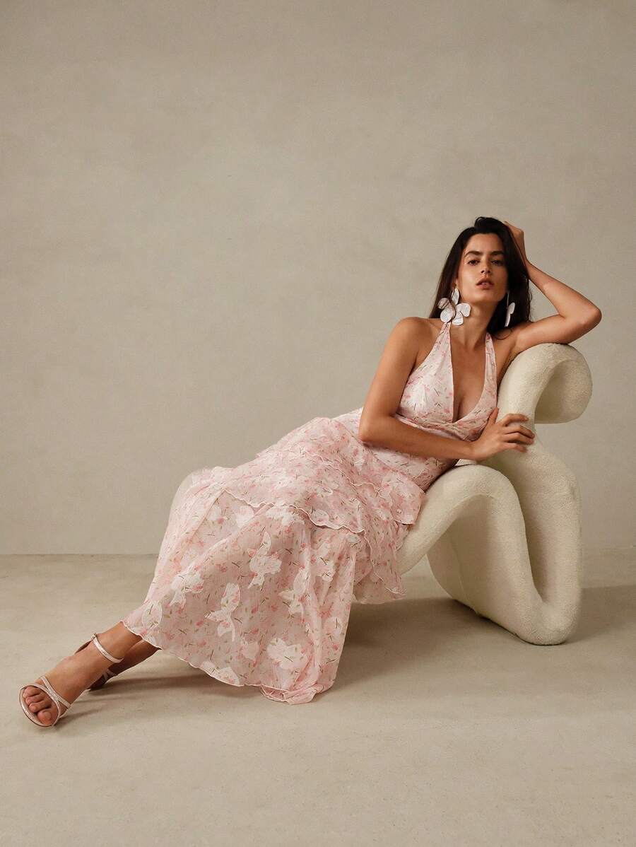 Anewsta Romantic Vacation Layered Ruffle Pink V-Neck Backless Bow-Tie 3D Floral Print Fabric Dress For Women