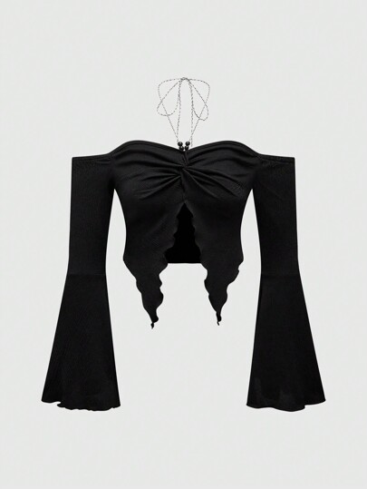 Fairycore لباس علوي الربيع/الصيف المصنوعة من نسيج ناعم ،رقبة هالتر، ذات أكمام جرس مشقوقة ونهاية ملتوية