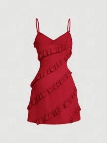 SHEIN MOD Apricot White Ruffled Hem Spaghetti Strap Women Dress