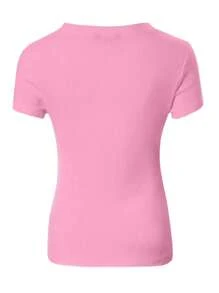SHEIN Plus Size Women Fashionable Solid Color Zipper Hollowed Short Sleeve T-Shirt - Pink - View 2