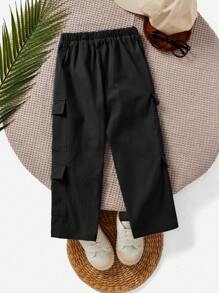 SHEIN Young Boy 1pc Casual Street Multi-Pocket Decoration Solid Color Elastic Waist Drawstring Pants