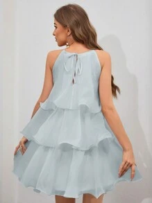 Firerie Elegant Solid Color Layered Hem Halterneck Dress For Summer - Baby Blue - View 2
