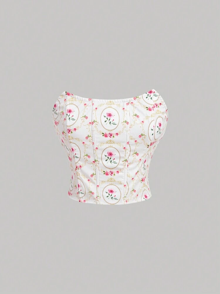 Country Concert Summer Vintage Floral Wallpaper Print Summer Strapless Top