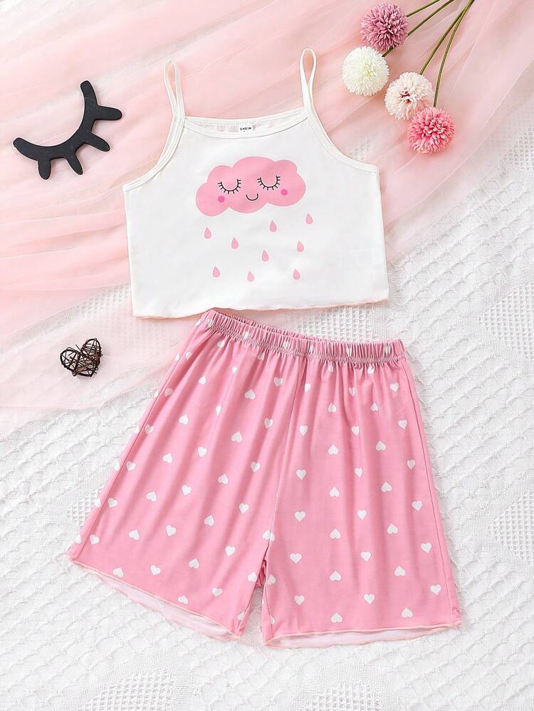 Teen Girl Cartoon Printed Basic Camisole Top With Shorts, Loose Casual Homewear