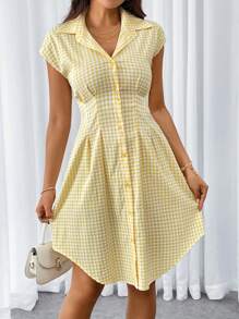 SHEIN Privé Robe chemise à carreaux jaunes pour femmes, décontractée et élégante avec ceinture, pour tous les jours, plage, rendez-vous ou pique-nique - Jaune citron - Voir 4