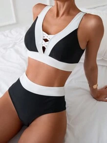 SHEIN Swim Women Color Block Simple Style Bikini Set For Daily Wear Summer Beach