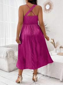 Celure Plus Size Women Solid Color Halter Asymmetrical Slip Dress - Hot Pink - View 2