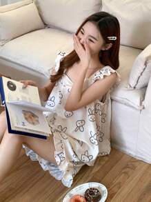 DAZY Cute Cartoon All Over Print Square Neck Camisole Top With Ruffle Trimmed Straps And Shorts Pajama Set