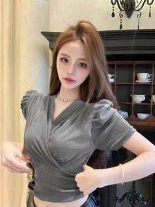 V 领闪亮泡泡袖休闲衬衫，夏季 - 灰色 - 查看 3