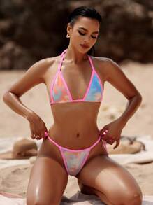 SHEIN Swim Women Printed Halter Neck Separated Bikini Set With Binding Trim (Random Pattern) Summer Beach - Multicolor - View 4