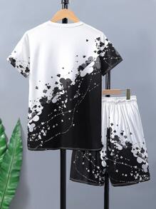 Teen Boy's Black Spades Print Short Sleeve T-Shirt And Shorts Set, School, Campus, College