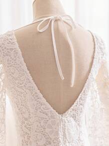 Soleia Elegant Lace Dress With Flare Sleeves And Open Back For Spring/Summer - White - View 6