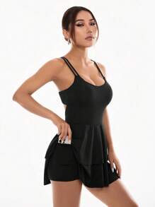 SHEIN Sports Rochie atletică, salopetă sport, cu bretele încrucișate, culoare uni, pentru femei