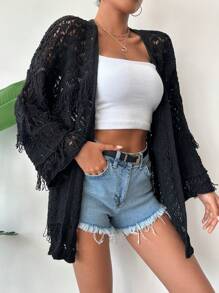 EURMUSE Open Knit Fringe Trim Kimono - Black - View 1