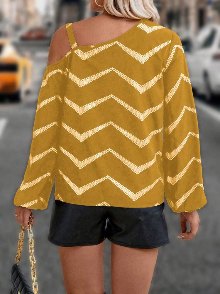 Plus Size Spring And Autumn Casual Herringbone Pattern Printed Asymmetrical Collar Lantern Sleeve Shirt One Shoulder Top Fall Cloth For Women