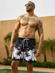 Manfinity Shorts de plage imprimés ombrés avec des arbres de noix de coco pour hommes de grande taille, shorts décontractés de vacances