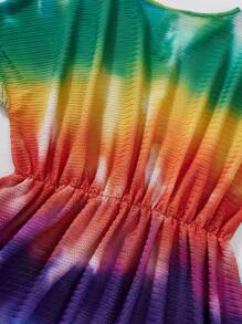 SHEIN Tween Girl Sweet And Lovely Knitted Colorful Tie-Dye V-Neck Bat-Wing Short-Sleeved Cover Up For Spring And Summer - Multicolor - View 3