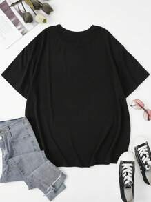 SHEIN Slayr Plus Size Women Summer Letter & Bear Print Round Neck Short Sleeve Casual T-Shirt
