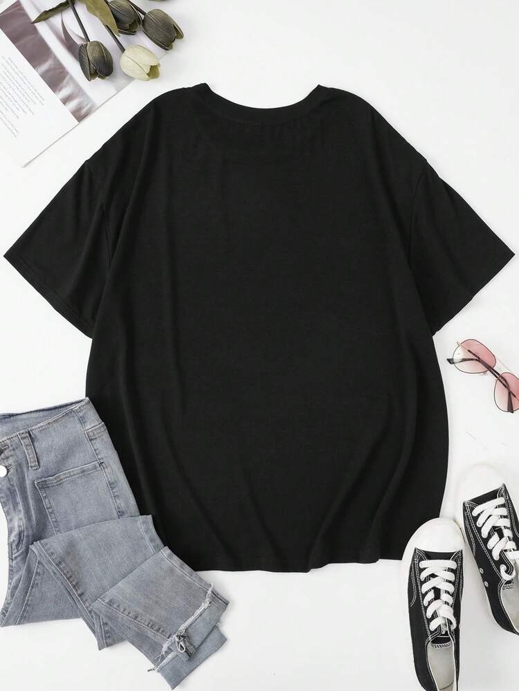Plus Size Women Summer Letter & Bear Print Round Neck Short Sleeve Casual T-Shirt