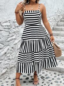 SHEIN Holidaya 法國女裝條紋細肩帶大碼連衣裙 - 黑與白 - 查看 5