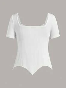 SHEIN Privé Áo thun nữ tay ngắn màu trắng có nơ lớn và viền bất đối xứng, vải lụa băng co giãn cho mùa hè - trắng - Xem 7
