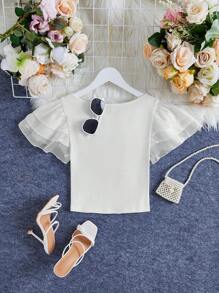 SHEIN Privé Áo thun mùa hè tay ngắn nhiều tầng xếp nếp cho nữ - màu đen - Xem 7