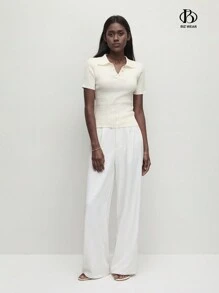 BizChic Top de Malha com Gola Polo Elegante, Manga Curta, Ajustada e Graciosa